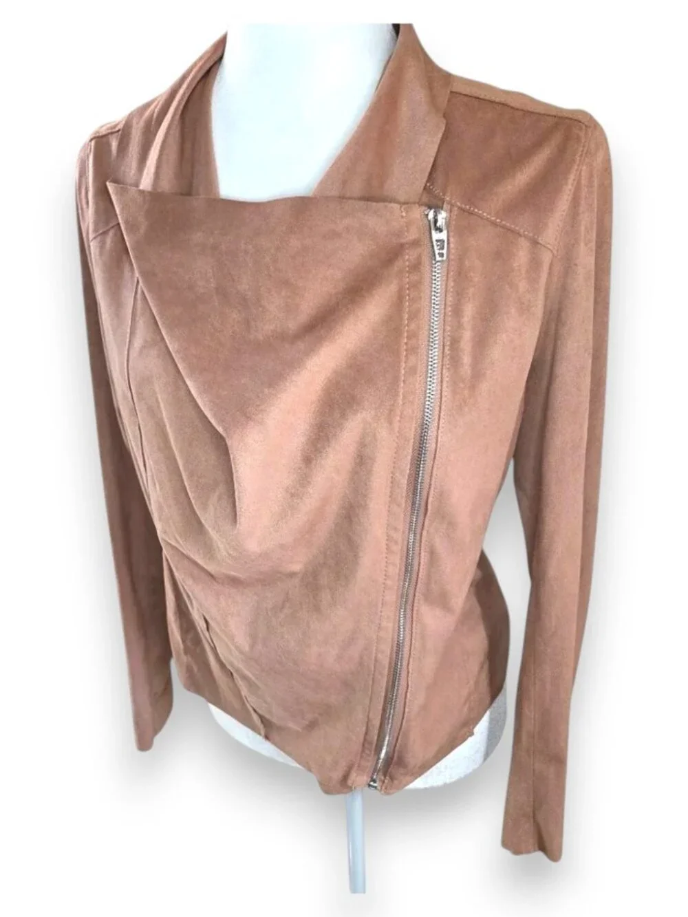 BlankNYC Faux Suede Moto Jacket Draped Asymmetrical Zip Tan Medium